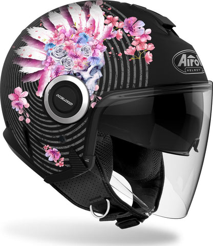 Casco jet nero con grafiche fiori Airoh Helios Hemad HEMA54