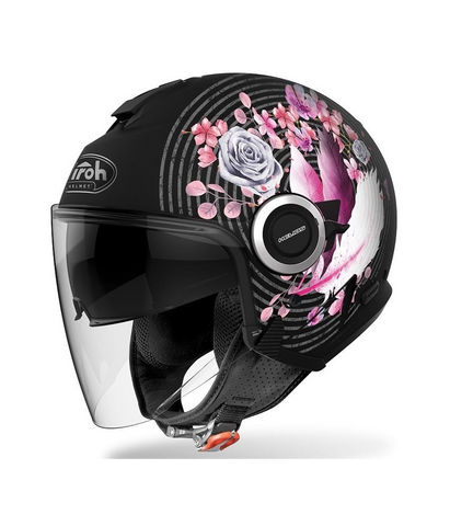 Casco jet nero con grafiche fiori Airoh Helios Hemad HEMA54